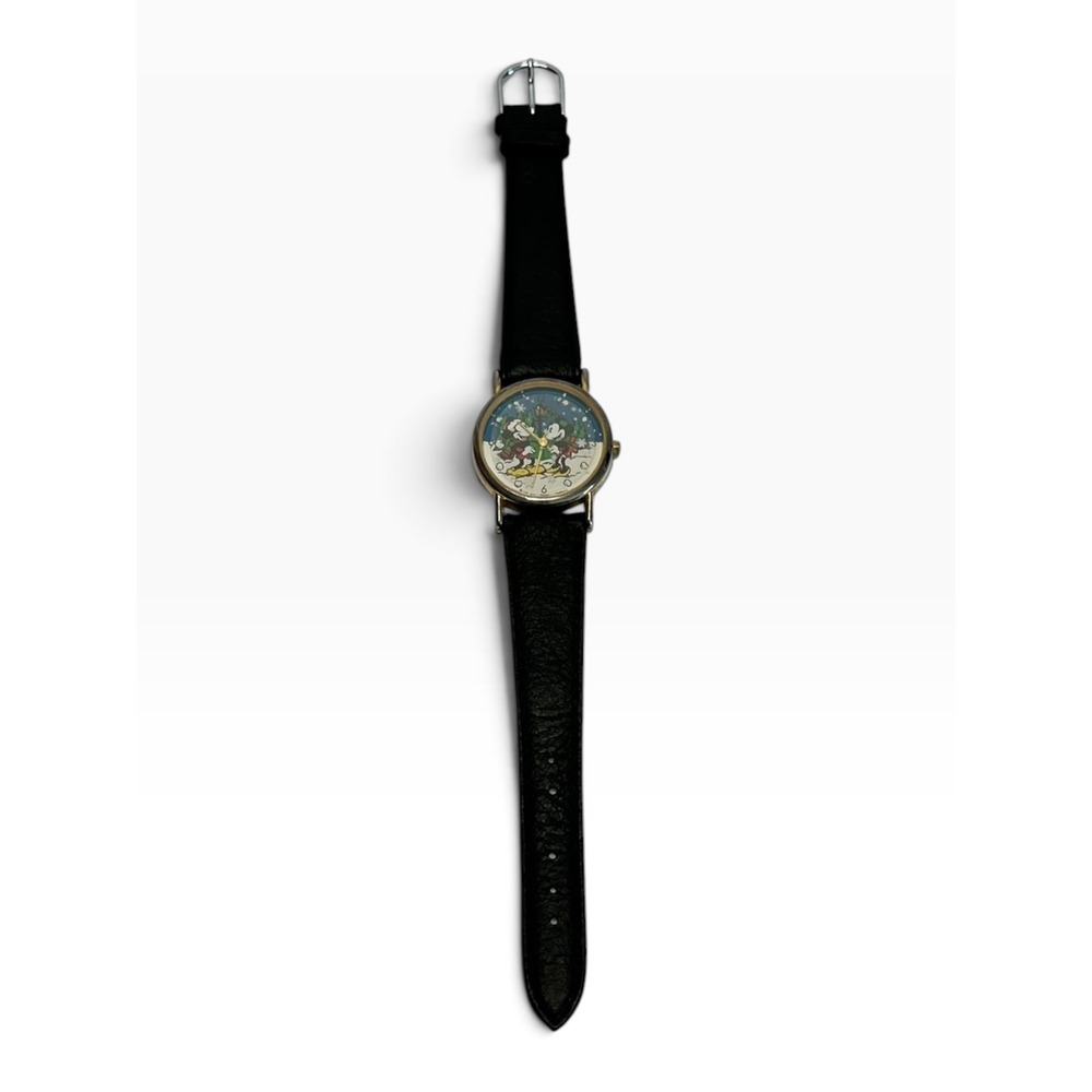 Vintage Disney Valdawn Mickey Minnie Christmas Watch Black Leather Tone